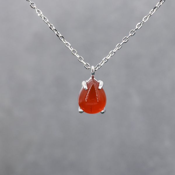 Genuine Red Carnelian Pear Necklace in Sterling Silver, Droplet Cabochon Natural Red Onyx Necklace