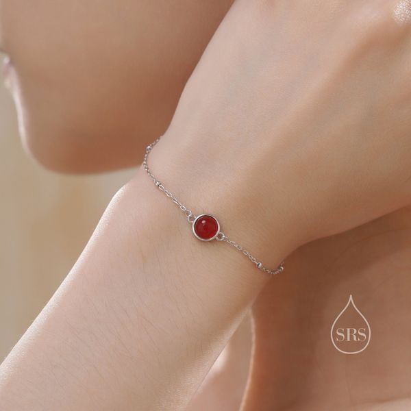 Genuine Red Onyx Bracelet in Sterling Silver, Natural Red Onyx Bracelet, Silver Single Red Carnelian Bracelet with Satellite Chain