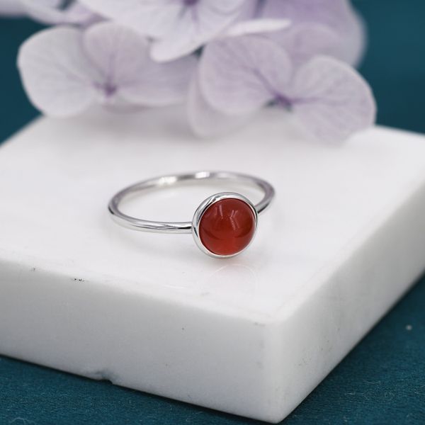 Genuine Red Onyx Ring in Sterling Silver, US 5 - 8, Natural Red Carnelian Ring, 6mm Red Carnelian Ring