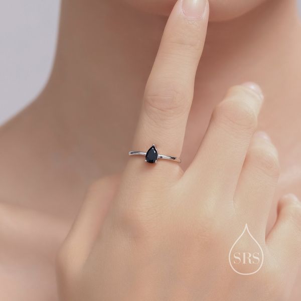 Natural Black Onyx Droplet Ring in Sterling Silver,  4x6mm, Prong Set Pear Cut, Adjustable Size, Genuine Black Onyx Ring