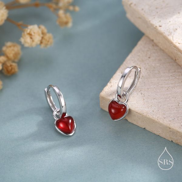 Natural Red Onyx Heart Dangle Huggie Hoop Earrings in Sterling Silver, Silver or Gold,  Detachable Genuine Red Onyx Heart Charm Hoops