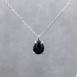 Genuine Black Onyx Pear Necklace in Sterling Silver, Droplet Cabochon Natural Black Onyx Necklace