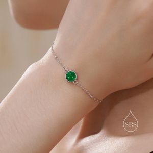 Genuine Green Onyx Bracelet in Sterling Silver, Natural Green Onyx Bracelet, Silver Single Green Onyx Bracelet with Satellite Chain