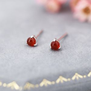 Natural Red Carnelian Stud Earrings in Sterling Silver, Semi-Precious Gemstone Earrings, 3mm and 3 prong Genuine  Red Onyx Earrings