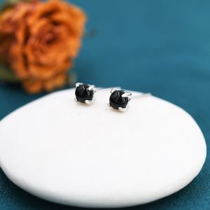 Sterling Silver Black Onyx Stud Earrings,  4mm Genuine Black Onyx Stone, Four Prong Onyx Stud, Semi-precious Jewellery