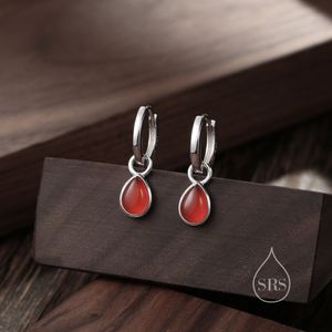 Sterling Silver Genuine Red Carnelian Droplet Hoop Earrings, Detachable Pear Shape Red Onyx Dangle Hoop Earrings, Interchangeable