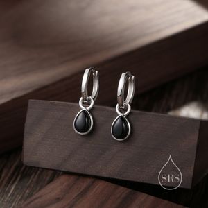 Sterling Silver Genuine Black Onyx Droplet Hoop Earrings, Detachable Pear Shape Black Onyx Dangle Hoop Earrings, Interchangeable