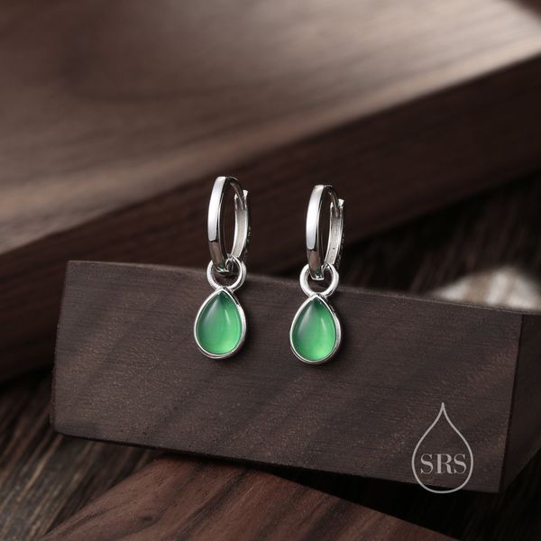 Sterling Silver Genuine Green Onyx Droplet Hoop Earrings, Detachable Pear Shape Green Onyx Dangle Hoop Earrings, Interchangeable