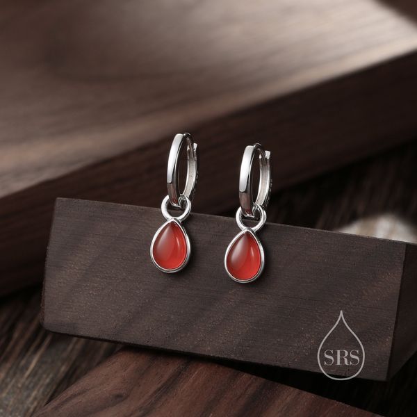 Sterling Silver Genuine Red Carnelian Droplet Hoop Earrings, Detachable Pear Shape Red Onyx Dangle Hoop Earrings, Interchangeable