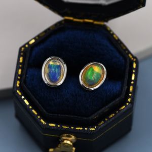 Genuine Ethiopian Opal Stone Oval Stud Earrings in Sterling Silver, Opal Stud, Natural Semi-Precious Gemstones,  Bezel, Minimalist  Earrings