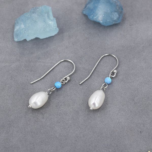 Genuine Freshwater Pearl and  Blue Opal Drop Earrings in Sterling Silver, Delicate Keshi Pearl and Opal Earrings,  Genuine Freshwater Pearls