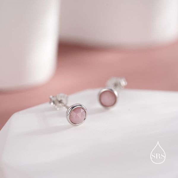 Sterling Silver Genuine Pink Opal Tiny Stud Earrings, Natural Rose Cut Pink Opal Stud, Natural Semi-Precious Gemstones, 4mm Bezel