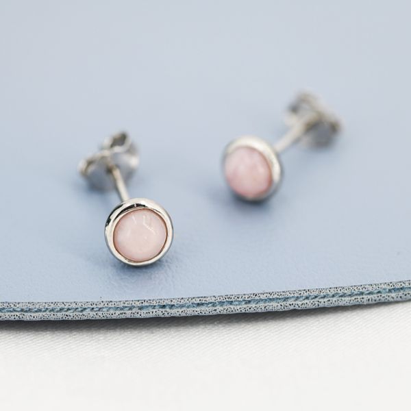 Sterling Silver Pink Opal Tiny Stud Earrings, Genuine Pink Opal Stud, Natural Semi-Precious Gemstones, 4mm, Bezel, Minimalist  Earrings