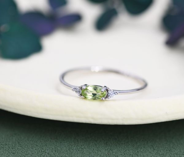 Natural Peridot Ring in Sterling Silver, Genuine Green Periot Ring, Dainty Gemstone Ring, US 5-8. August Birthstone