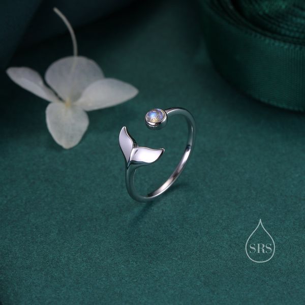 Whale Tail Open Ring in Sterling Silver with Moonstone, Adjustable, Whale Ring, Fish Ring, Ocean Inspired, Nature Jewellery, Animal Ring