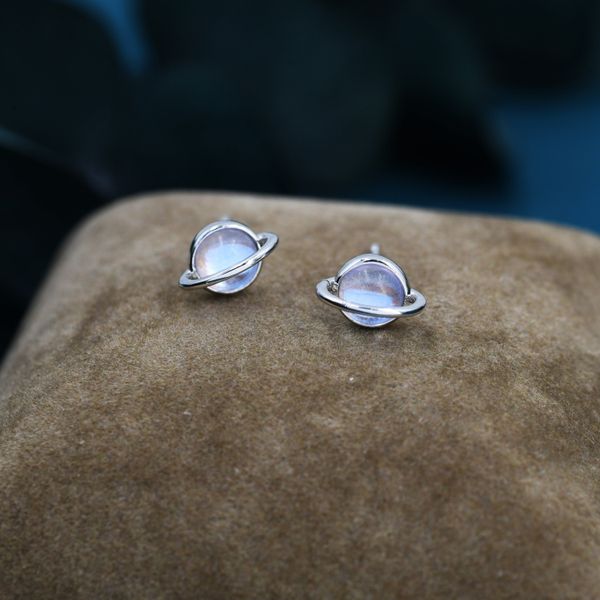 Moonstone Planet Stud Earrings in Sterling Silver, Lab Moonstone Planet Earrings, Opal Saturn Earrings